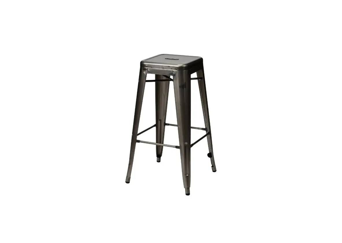 A dark gray metal bar stool with a square seat and four legs connected by a horizontal support frame.