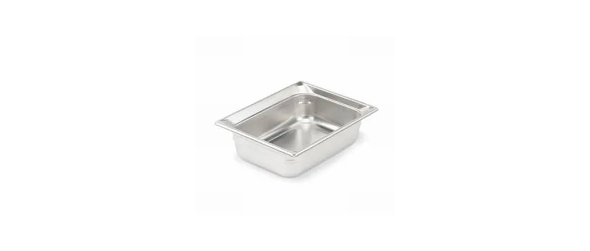 A rectangular, silver-colored stainless steel food service hotel pan set against a plain white background.