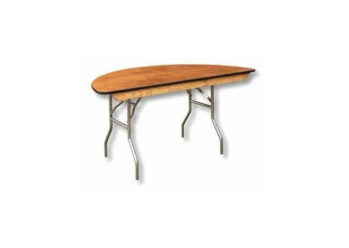 A semi-circular, wood-topped folding table with grey metal legs set against a white background.