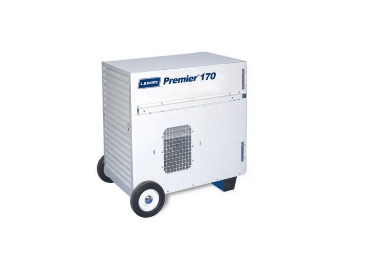 A white, rolling dehumidifier labeled 