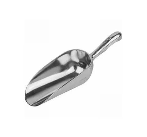 A silver-colored metal scoop with a handle, angled against a plain white background.