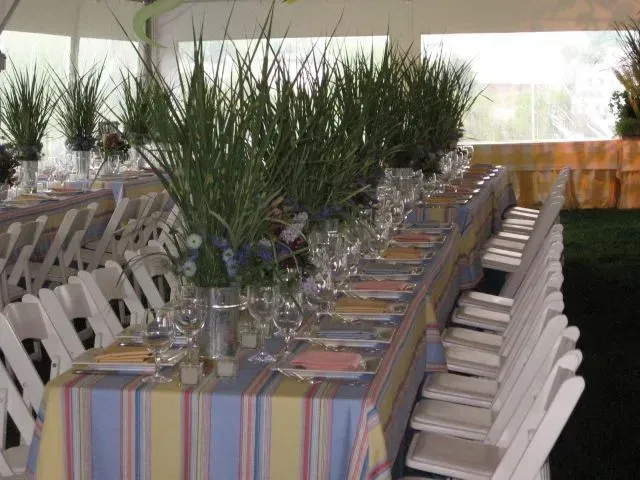 A long dining table in a tented setting with striped tablecloths, place settings, and tall green grass centerpieces.