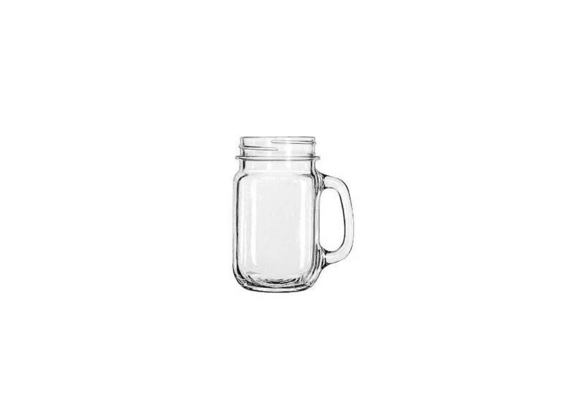 A clear glass mason jar mug with a handle, centered on a white background.