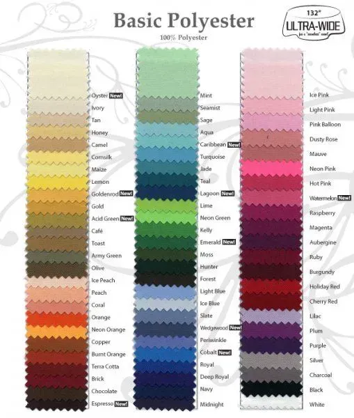 A color chart for Basic Polyester fabric, featuring three columns of various color swatches with labels for each shade.