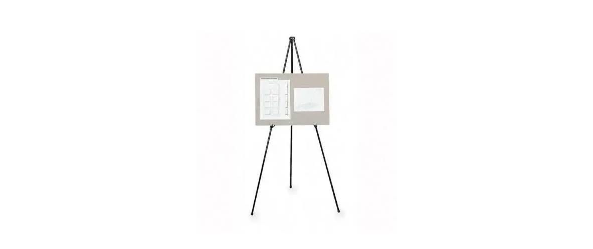A black, three-legged easel holding a grey display board with two white papers attached to it.