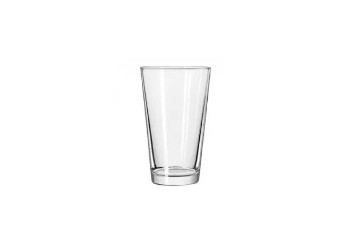 A clear, empty conical pint glass stands against a white background.