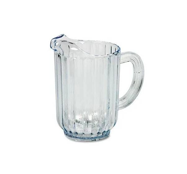 A clear, ribbed plastic pitcher with a handle on a white background.