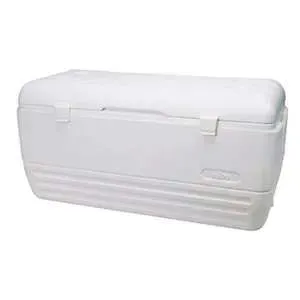 A white rectangular plastic cooler with a hinged lid on a white background.