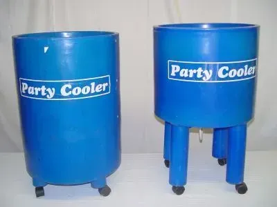 A white rectangular plastic cooler with a hinged lid on a white background.