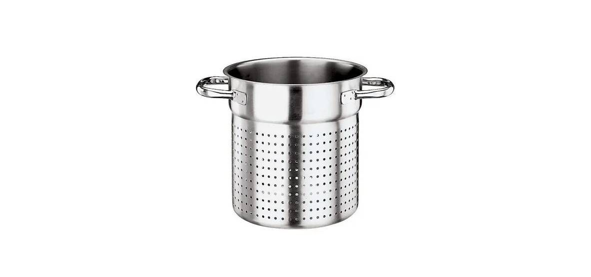 A stainless steel pasta cooker insert with a perforated cylindrical body and two side handles against a white background.