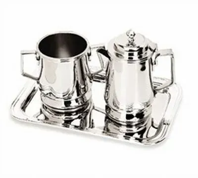 A shiny silver sugar bowl and lidded creamer set arranged on a matching rectangular serving tray against a white background.