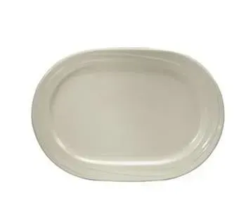A plain white, oval-shaped ceramic serving platter on a white background.