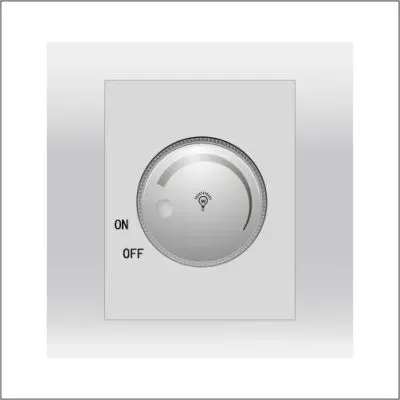 A wall-mounted light dimmer switch with a circular knob set to the ON position.
