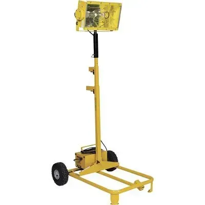 A yellow portable work light on a wheeled frame with a telescopic stand.