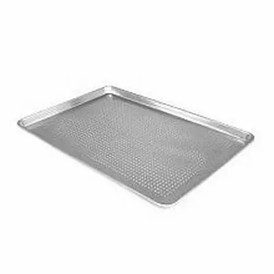 A rectangular, silver-colored metal baking sheet with a perforated surface for even heat distribution.