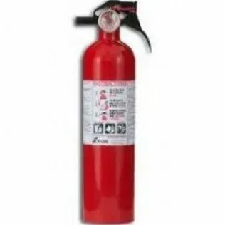 A red handheld fire extinguisher with a pressure gauge and black handle against a white background.