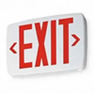 A white rectangular exit sign with red 