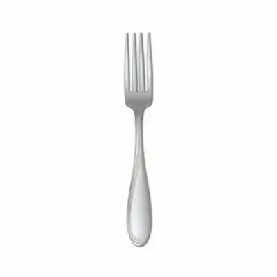 A shiny silver dinner fork isolated against a plain white background.