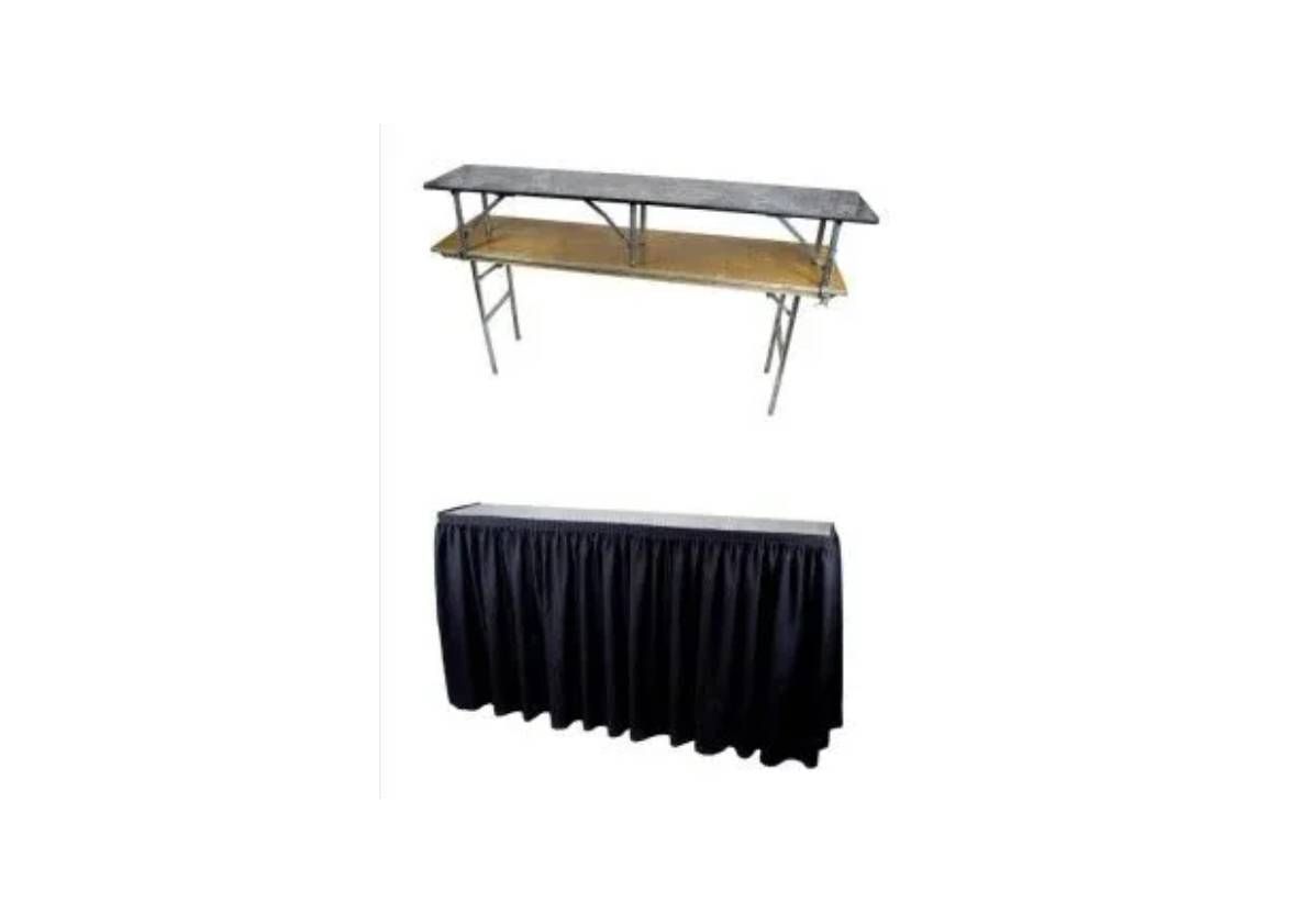 A two-tiered display bar or service table, shown both uncovered with a metal frame and covered with a black skirt.