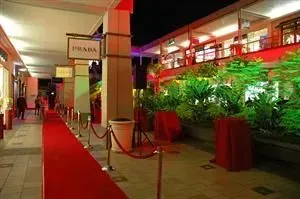 A red carpet leads to a Prada store entrance at night, lined with stanchions and vibrant green plants in the background.