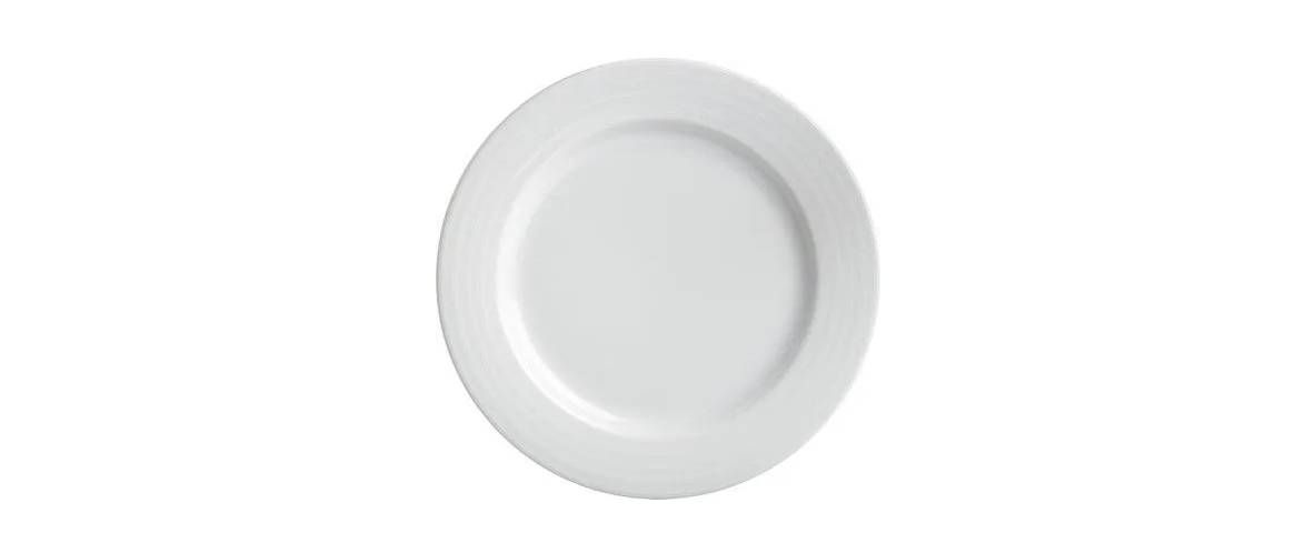 A plain white ceramic dinner plate seen from a top-down view.