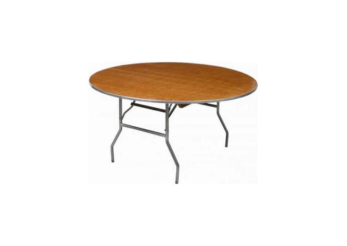 A round, wooden-top folding table with gray metal legs, isolated against a white background.