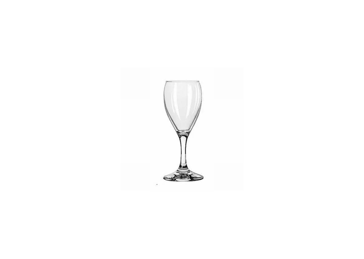 A clear glass wine goblet with a thin stem and circular base centered on a plain white background.