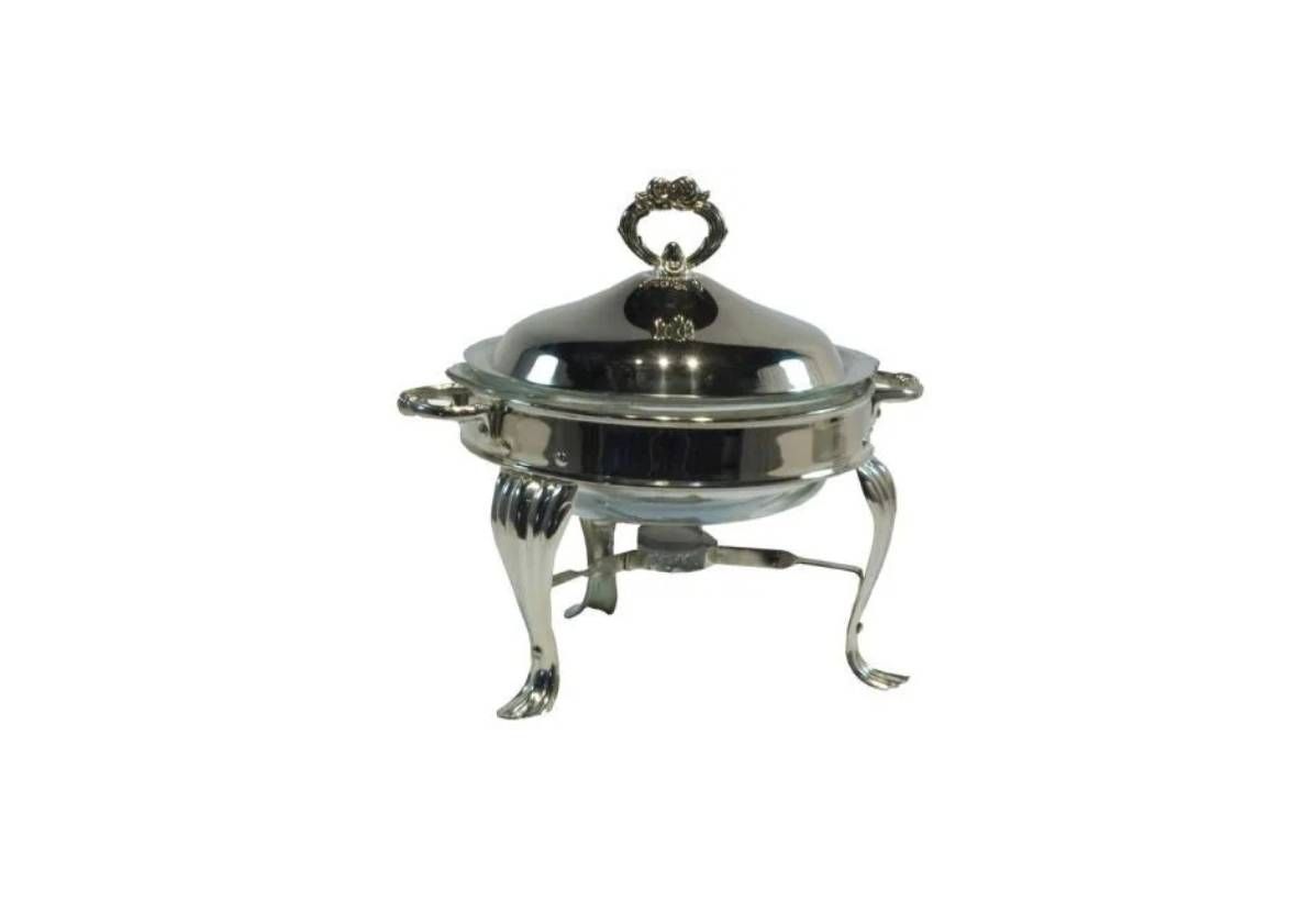 A silver chafing dish with a lid, standing on three ornate legs, centered against a plain white background.