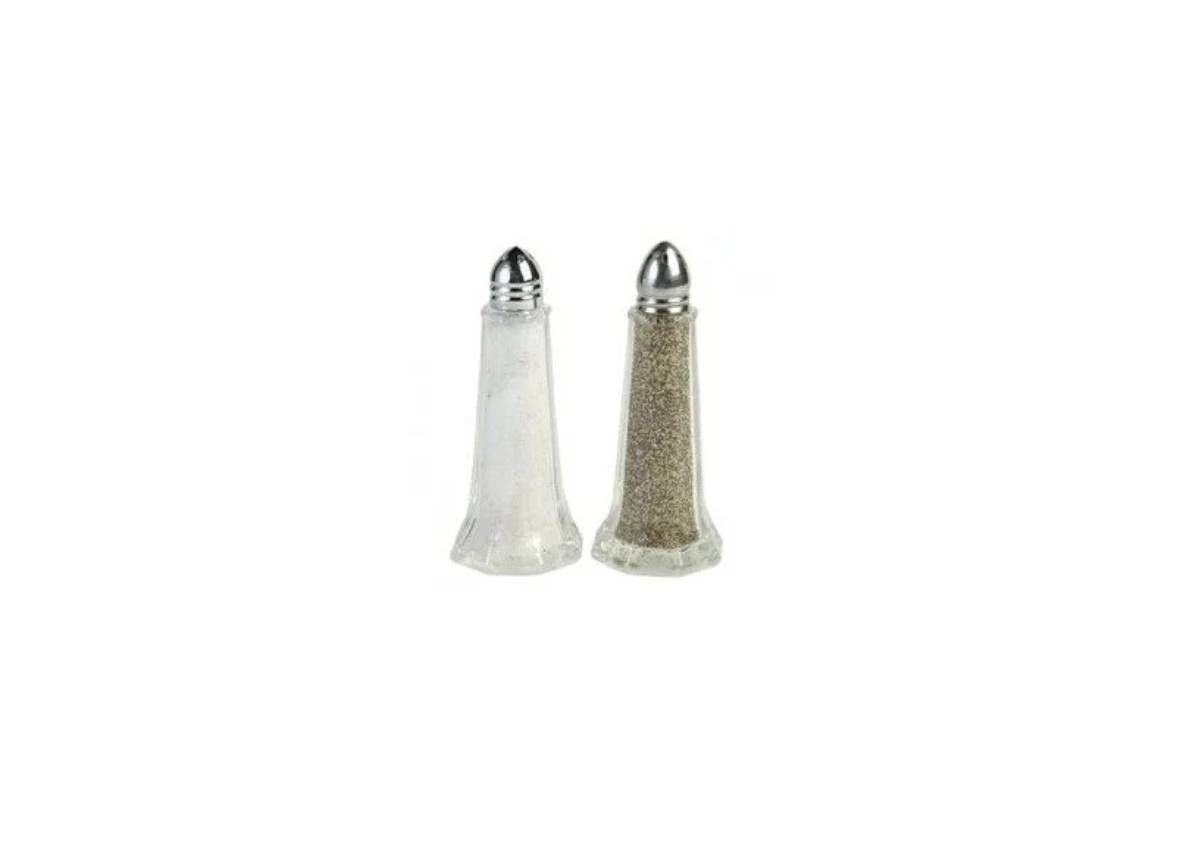 A pair of clear glass salt and pepper shakers with silver metal tops, standing side by side against a white background.
