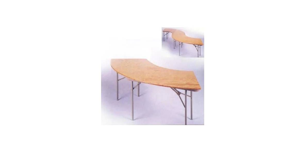 A curved, wooden folding table with metal legs, shown individually and arranged in a row in a small inset image.