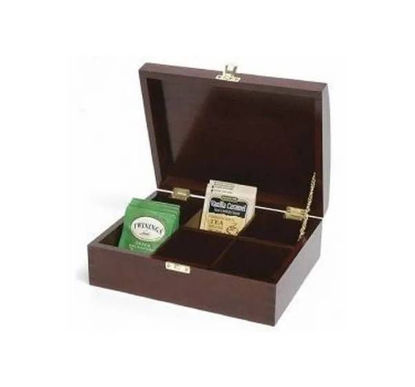 A dark wooden tea box with a hinged lid, containing two packets of Twinings tea in its divided compartments.