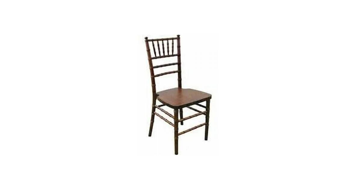 A dark brown Chiavari chair with a wooden seat, set against a plain white background.