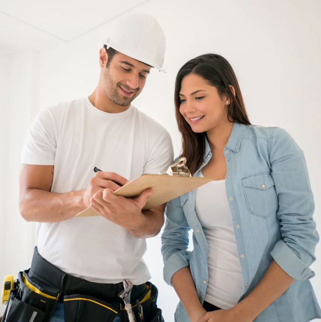 A man and a woman are looking at a clipboard together