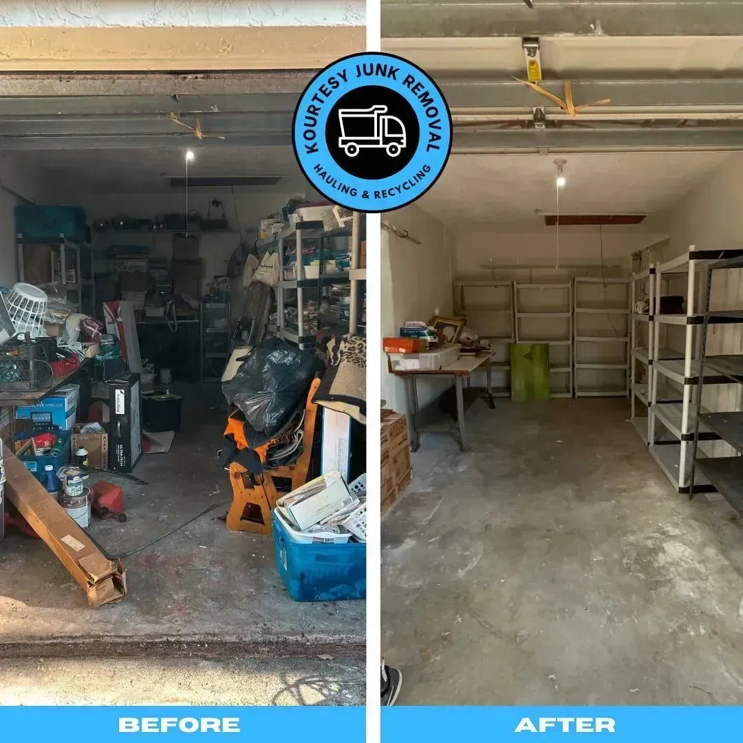 A before and after picture of a garage filled with junk.