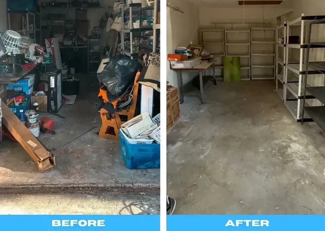 A before and after picture of a messy garage.