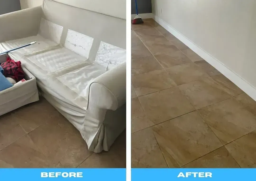 A before and after picture of a couch and a tiled floor.