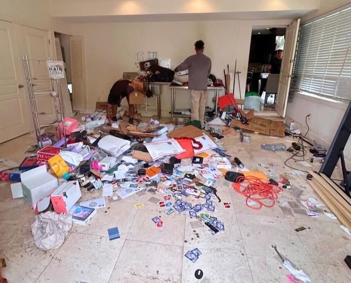 A before and after picture of a couch and a tiled floor.