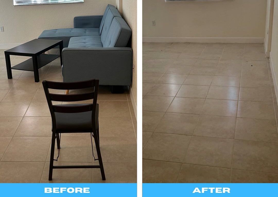 A before and after photo of a living room with a couch and chair