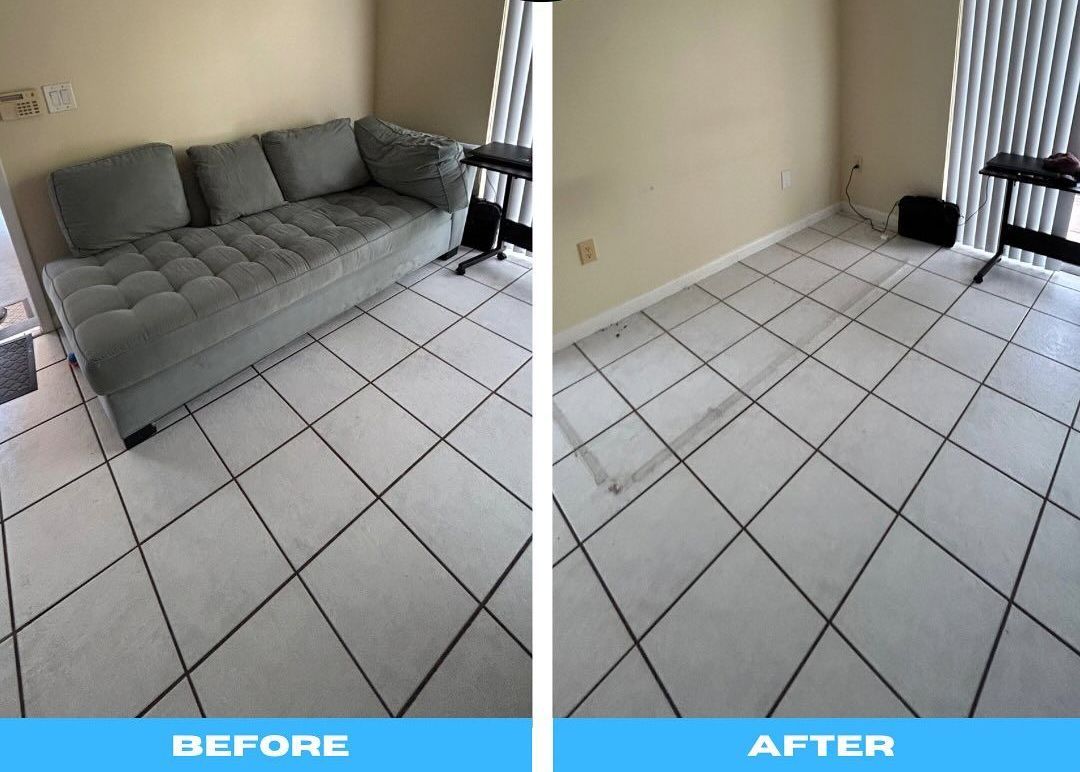 A before and after photo of a living room with a couch and tile floor.