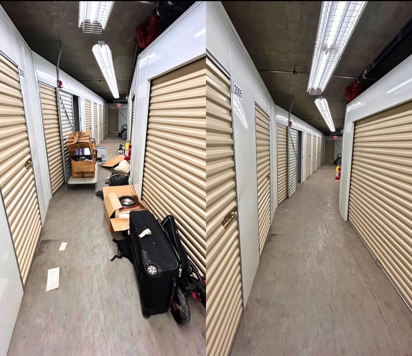 A row of storage units with a suitcase on the floor.