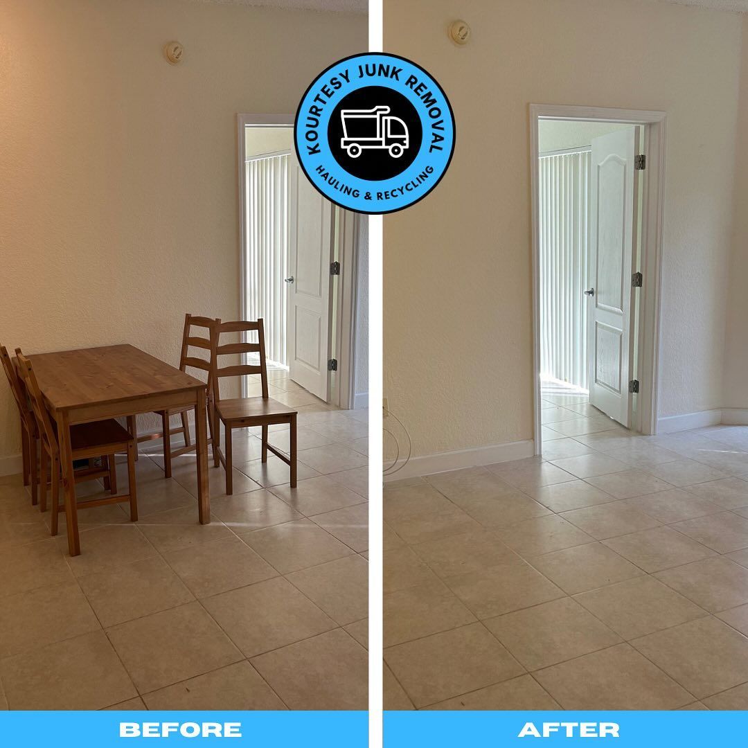 A before and after photo of a dining room with a table and chairs.