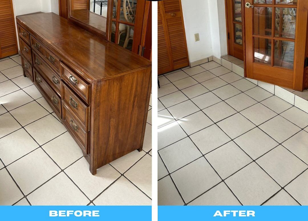 A before and after photo of a dresser and a tiled floor.
