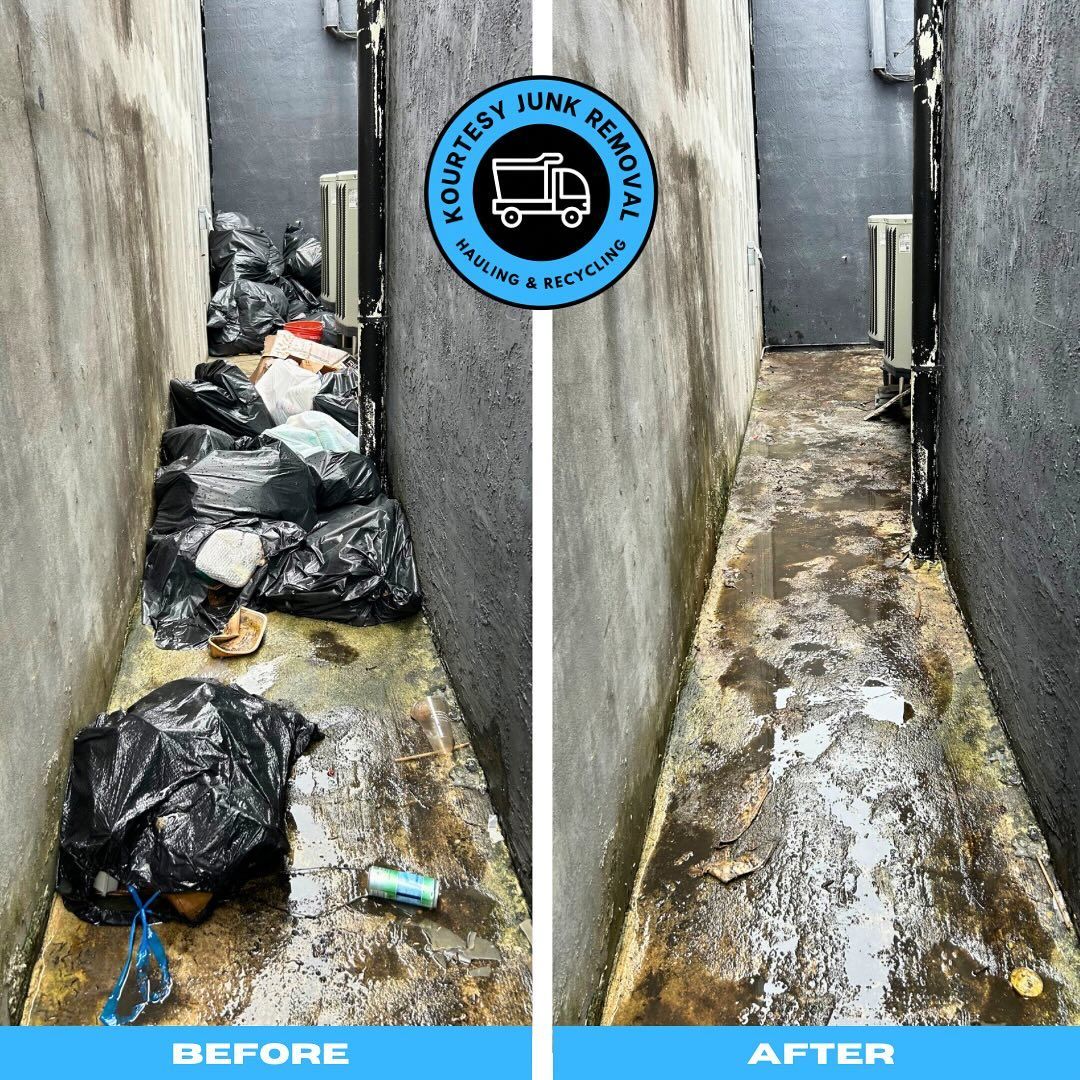 A before and after photo of a narrow alleyway filled with trash bags.