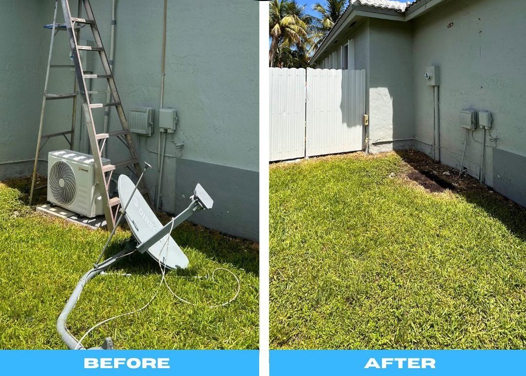 A before and after picture of a satellite dish on the side of a house.