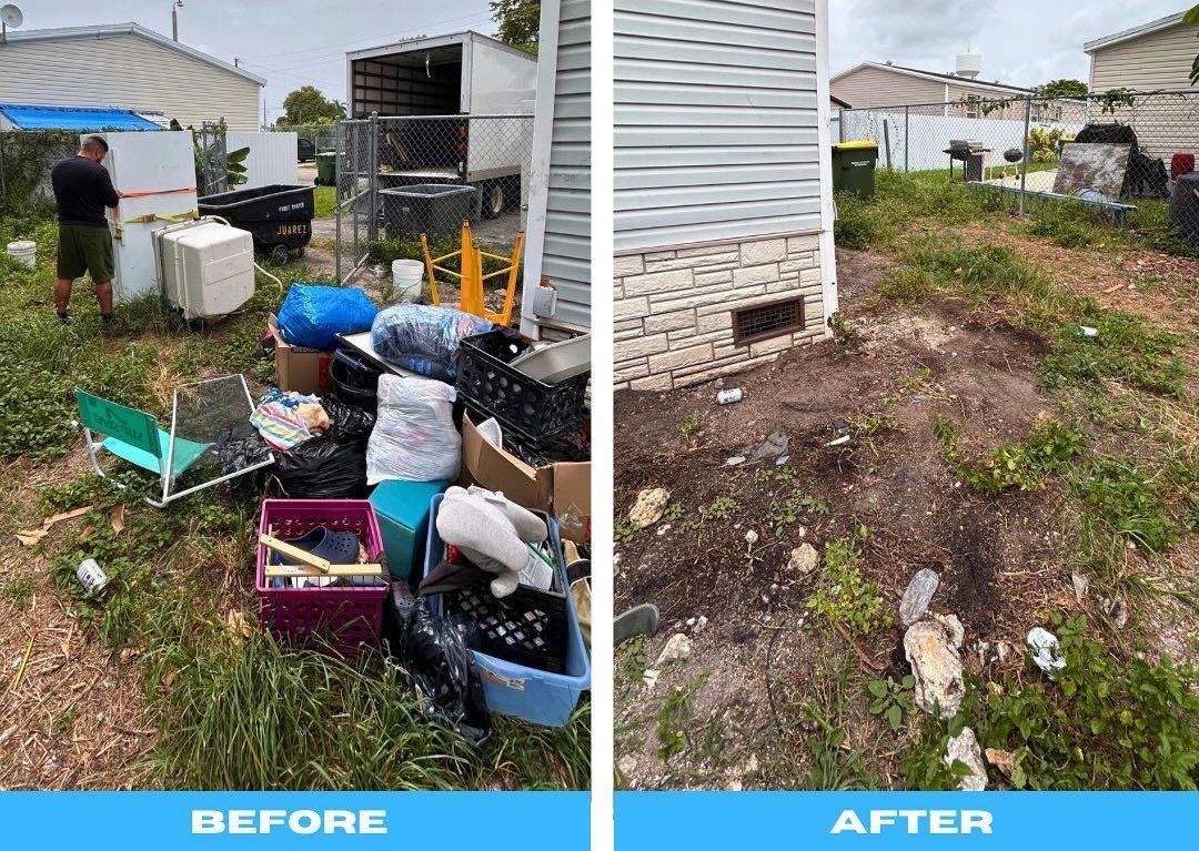 A before and after picture of a messy yard with a house in the background.