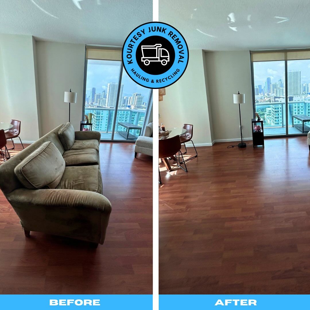A before and after photo of a living room with a couch and chairs.