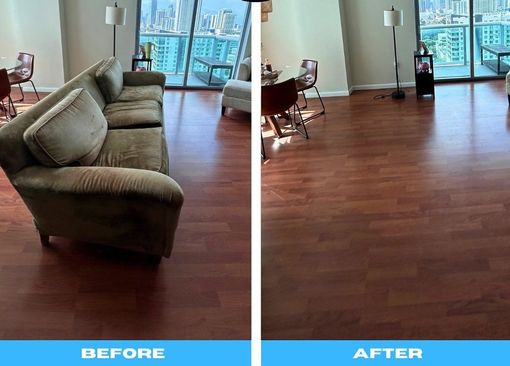 A before and after photo of a living room with hardwood floors.