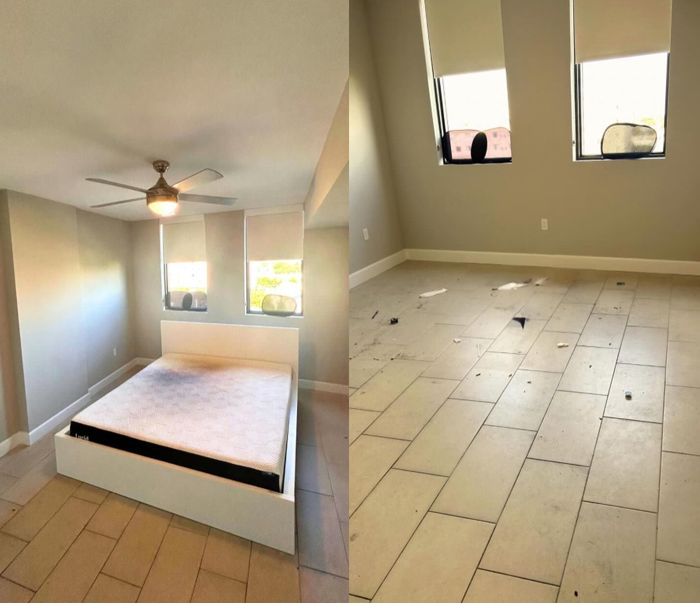 A before and after photo of a bedroom with a bed and a ceiling fan.