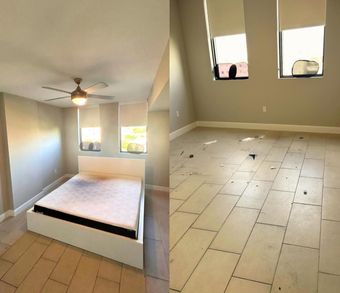 A before and after photo of a bedroom with a bed and a ceiling fan.