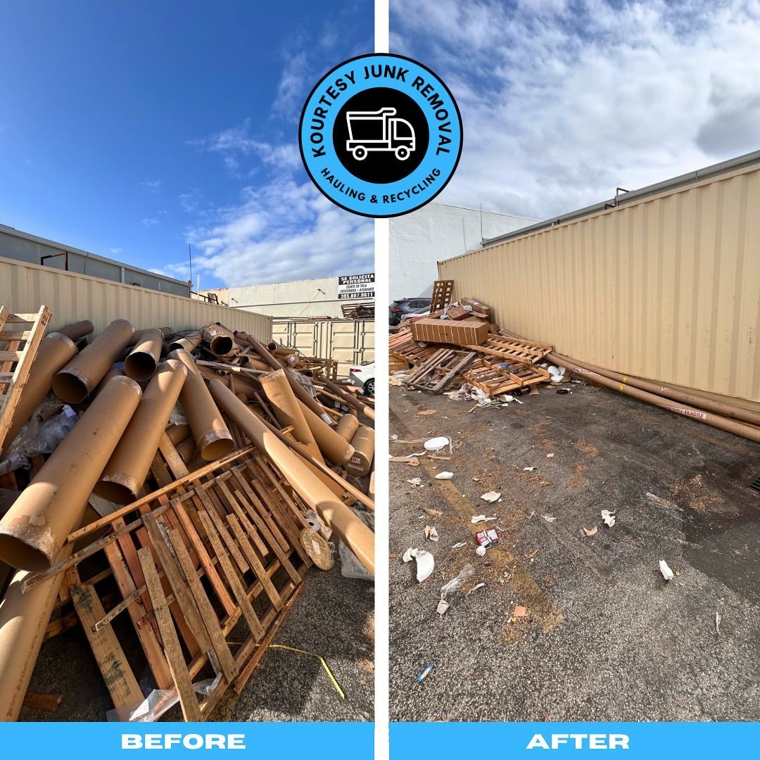 A before and after photo of a pile of cardboard tubes.